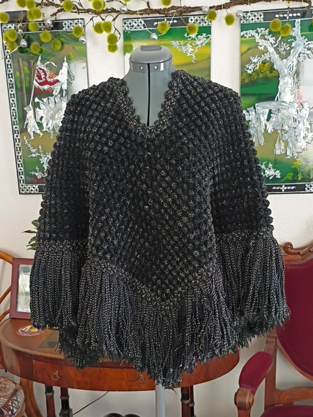Stunning Vintage 1970s Cotton Knit Black Shawl